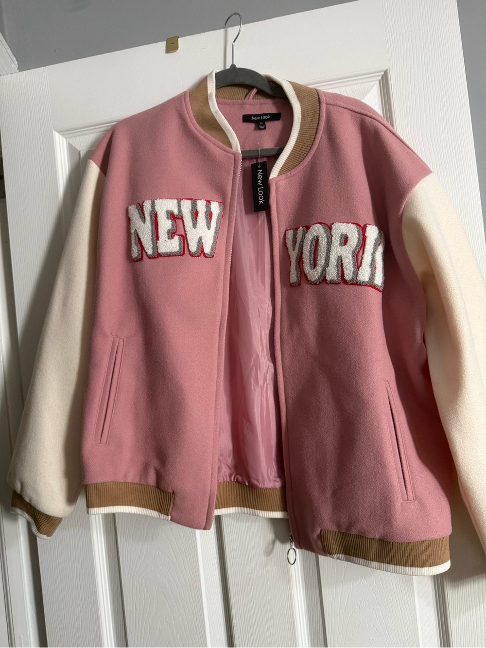 New Look Pink and Cream 'New York' Varsity Jacket